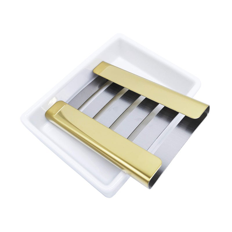 Lofekea Ceramic Soap Dish Gold Stainless Steel Soap Holder for Shower and Bathroom Double Layer Draining Soap Box - Image 3